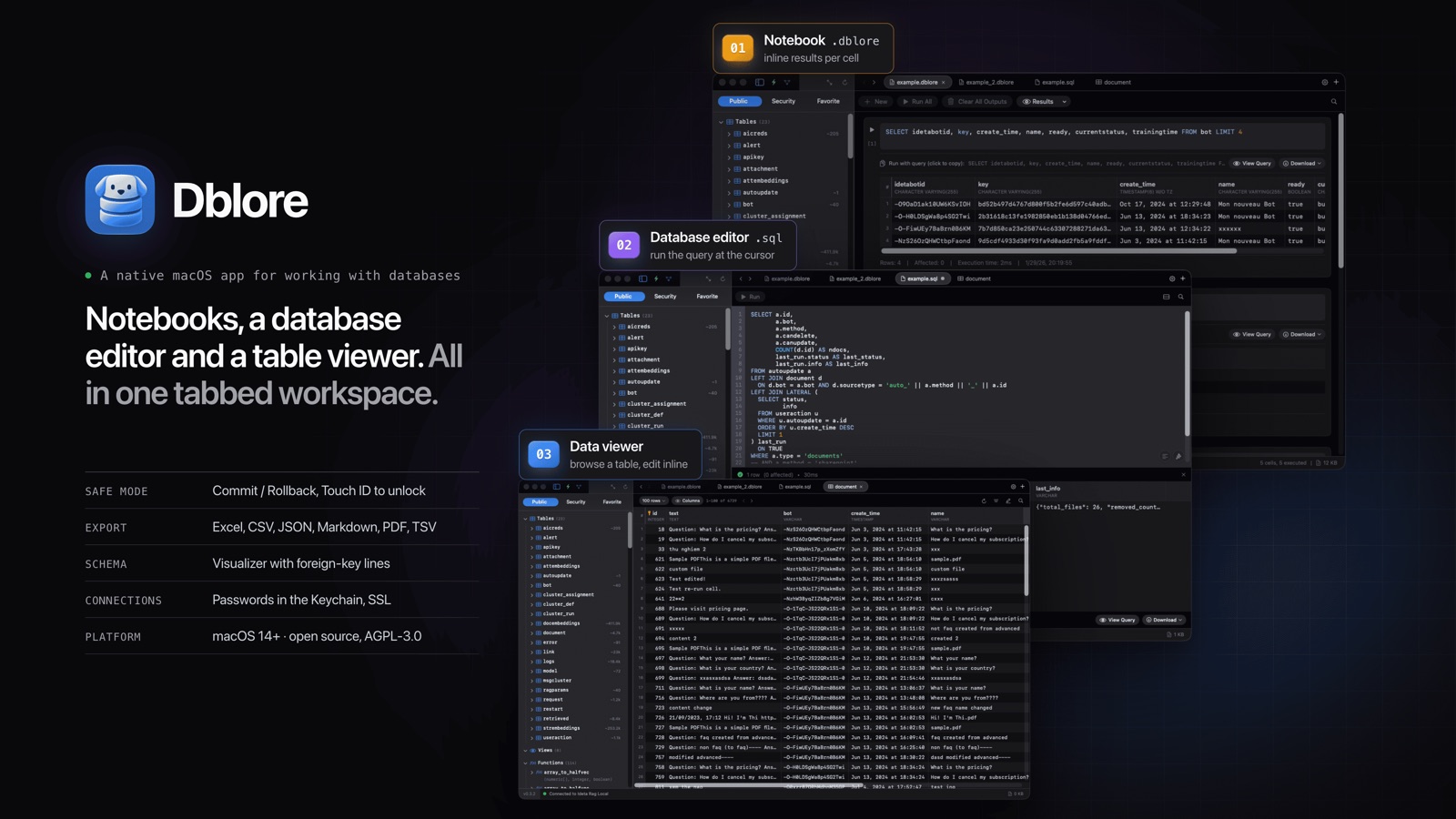Dblore showing a notebook with inline results, a SQL editor and a table data viewer in one tabbed workspace